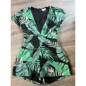 Superdown Women's Tropical Leaf Print Romper Green Size S Summer Casual